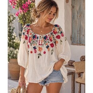Kindred 1X Embroidered Floral Peasant Blouse Boho Cottagecore Coastal Grandma